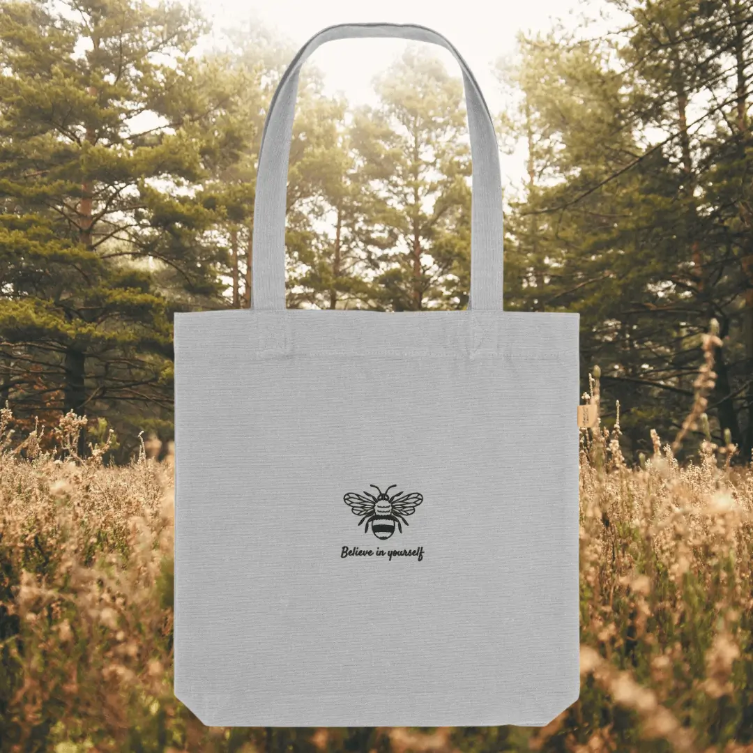 Bee Believe in Yourself heather grey tote bag with inspirational quote design