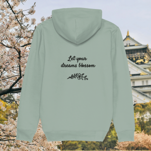 Back view of Mindful Earth Blossom Hoodie in Aloe Green with “Let Your Dreams Blossom” design – Eco-Friendly Organic Cotton Unisex Hoodie Made in the UK