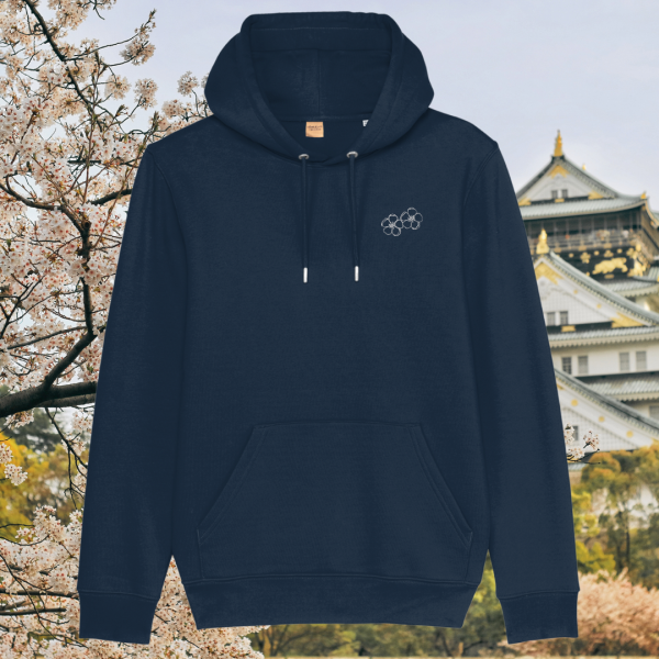 Mindful Earth Blossom Front Hoodie in French Navy – Let Your Dreams Blossom Design – Sustainable Organic Cotton Unisex Hoodie Made in the UK