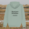 Back view of Mindful Earth Capybara Hoodie in Aloe Green with “Spread Peace and Kindness” design – Eco-Friendly Organic Cotton Unisex Hoodie Made in the UK