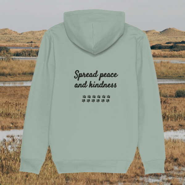 Back view of Mindful Earth Capybara Hoodie in Aloe Green with “Spread Peace and Kindness” design – Eco-Friendly Organic Cotton Unisex Hoodie Made in the UK