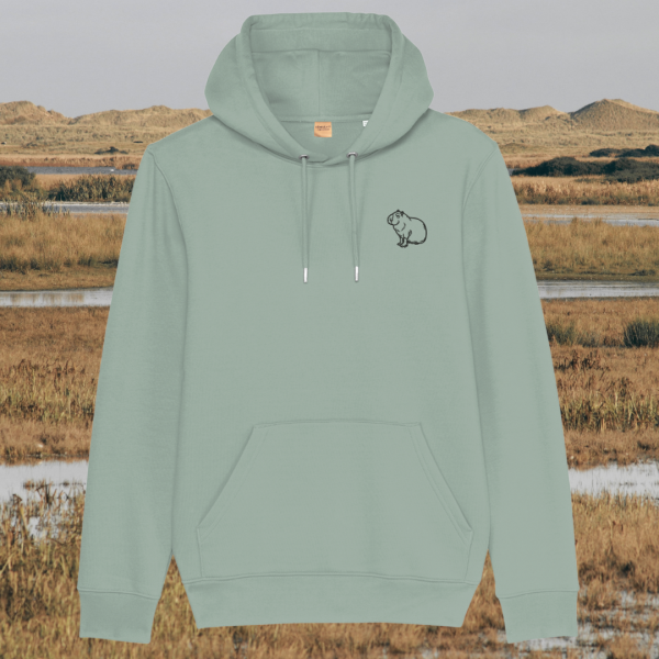 Mindful Earth Capybara Front Hoodie in Aloe Green – Spread Peace and Kindness Design – Sustainable Organic Cotton Unisex Hoodie Made in the UK