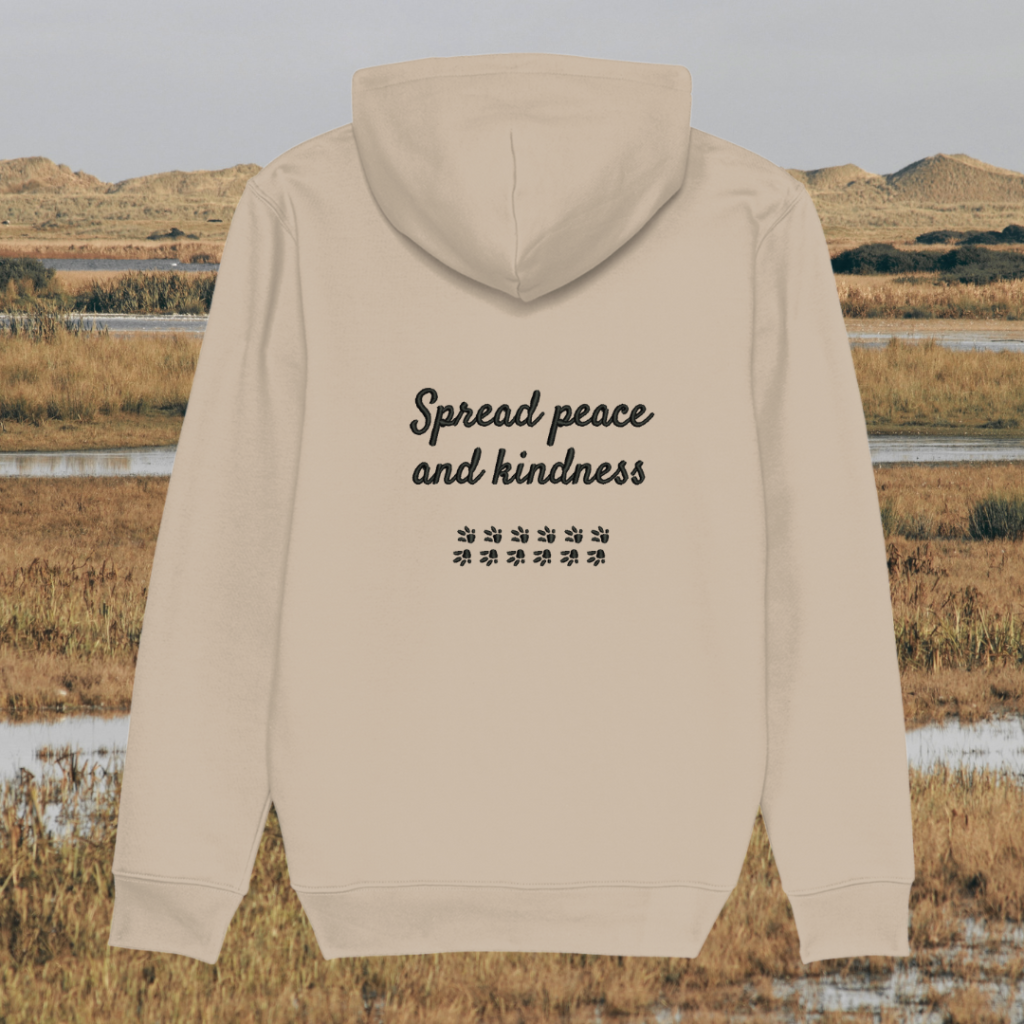 Back view of Mindful Earth Capybara Hoodie in Desert Dust with “Spread Peace and Kindness” design – Eco-Friendly Organic Cotton Unisex Hoodie Made in the UK
