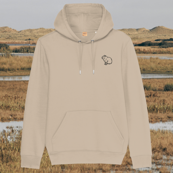 Mindful Earth Capybara Front Hoodie in Desert Dust – Spread Peace and Kindness Design – Sustainable Organic Cotton Unisex Hoodie Made in the UK