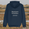Back view of Mindful Earth Capybara Hoodie in French Navy with “Spread Peace and Kindness” design – Eco-Friendly Organic Cotton Unisex Hoodie Made in the UK