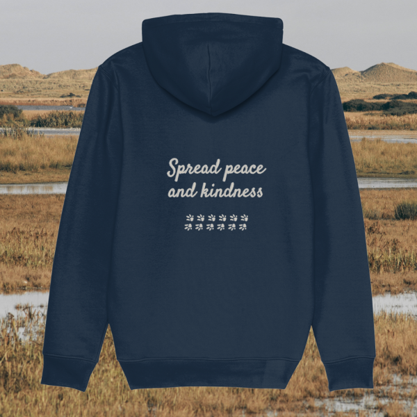 Back view of Mindful Earth Capybara Hoodie in French Navy with “Spread Peace and Kindness” design – Eco-Friendly Organic Cotton Unisex Hoodie Made in the UK