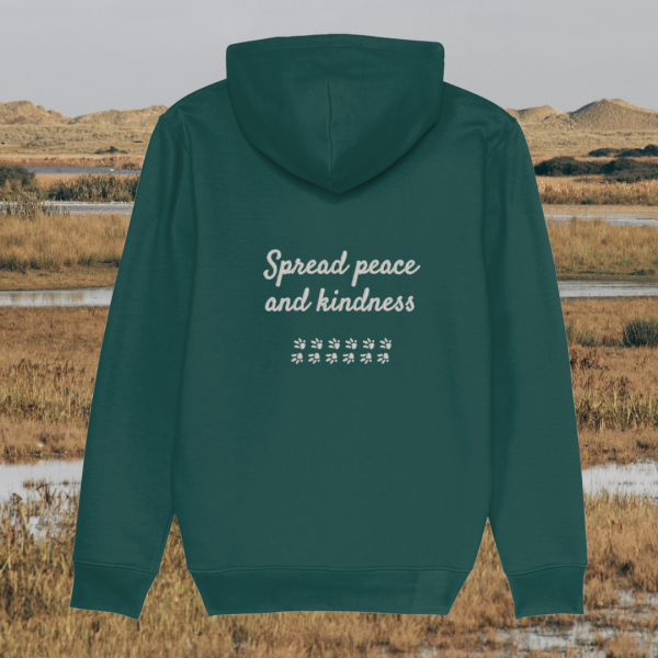 Back view of Mindful Earth Capybara Hoodie in Glazed Green with “Spread Peace and Kindness” design – Eco-Friendly Organic Cotton Unisex Hoodie Made in the UK