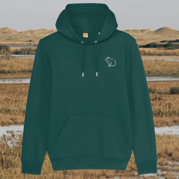 Mindful Earth Capybara Front Hoodie in Glazed Green – Spread Peace and Kindness Design – Sustainable Organic Cotton Unisex Hoodie Made in the UK