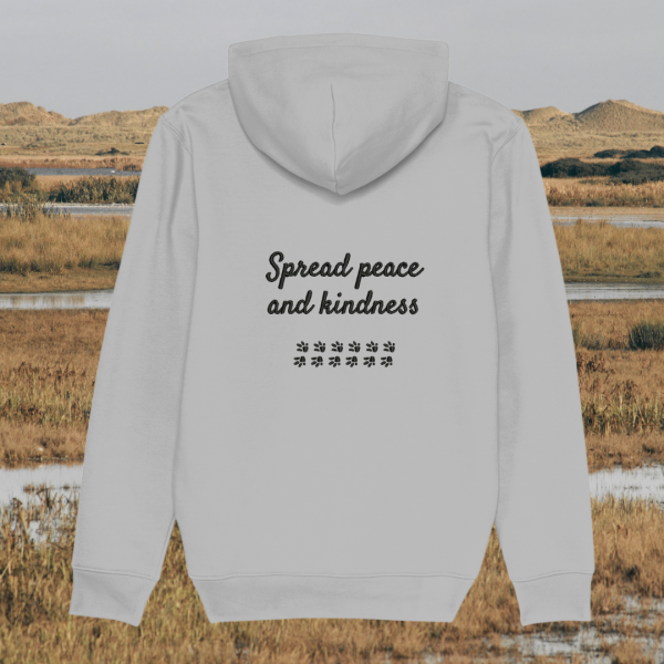 Back view of Mindful Earth Capybara Hoodie in Heather Grey with “Spread Peace and Kindness” design – Eco-Friendly Organic Cotton Unisex Hoodie Made in the UK