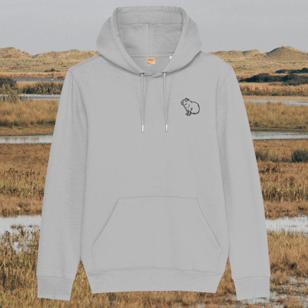 Mindful Earth Capybara Front Hoodie in Heather Grey – Spread Peace and Kindness Design – Sustainable Organic Cotton Unisex Hoodie Made in the UK