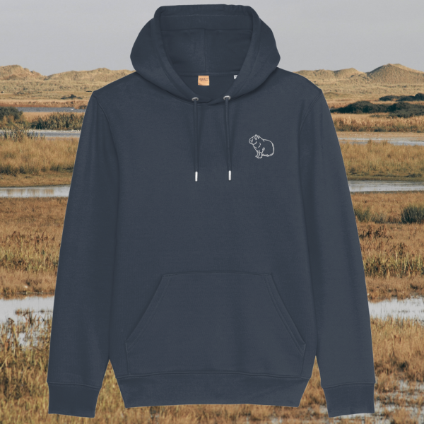 Mindful Earth Capybara Front Hoodie in India Ink Grey – Spread Peace and Kindness Design – Sustainable Organic Cotton Unisex Hoodie Made in the UK