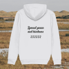 Back view of Mindful Earth Capybara Hoodie in White with “Spread Peace and Kindness” design – Eco-Friendly Organic Cotton Unisex Hoodie Made in the UK