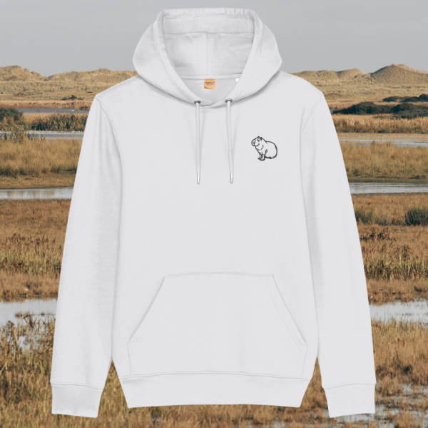 Mindful Earth Capybara Front Hoodie in White – Spread Peace and Kindness Design – Sustainable Organic Cotton Unisex Hoodie Made in the UK