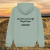 Back view of Mindful Earth Highland Cow Hoodie in Aloe Green with “Live Like Someone Left the Gate Open” design – Eco-Friendly Organic Cotton Unisex Hoodie Made in the UK