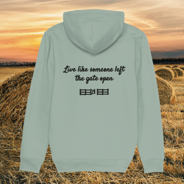Back view of Mindful Earth Highland Cow Hoodie in Aloe Green with “Live Like Someone Left the Gate Open” design – Eco-Friendly Organic Cotton Unisex Hoodie Made in the UK