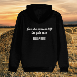 Back view of Mindful Earth Highland Cow Hoodie in Black with “Live Like Someone Left the Gate Open” design – Eco-Friendly Organic Cotton Unisex Hoodie Made in the UK