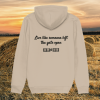 Back view of Mindful Earth Highland Cow Hoodie in Desert Dust with “Live Like Someone Left the Gate Open” design – Eco-Friendly Organic Cotton Unisex Hoodie Made in the UK