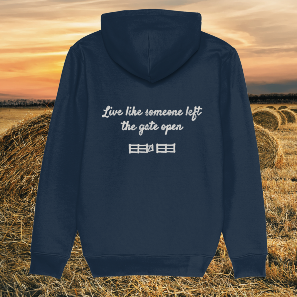 Back view of Mindful Earth Highland Cow Hoodie in French Navy with “Live Like Someone Left the Gate Open” design – Eco-Friendly Organic Cotton Unisex Hoodie Made in the UK