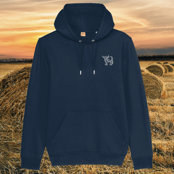 Mindful Earth Highland Cow Front Hoodie in French Navy – Live Like Someone Left the Gate Open Design – Sustainable Organic Cotton Unisex Hoodie Made in the UK