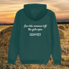 Back view of Mindful Earth Highland Cow Hoodie in Glazed Green with “Live Like Someone Left the Gate Open” design – Eco-Friendly Organic Cotton Unisex Hoodie Made in the UK
