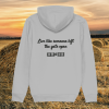 Back view of Mindful Earth Highland Cow Hoodie in Heather Grey with “Live Like Someone Left the Gate Open” design – Eco-Friendly Organic Cotton Unisex Hoodie Made in the UK