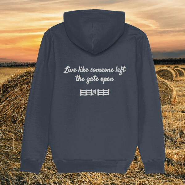 Back view of Mindful Earth Highland Cow Hoodie in India Ink Grey with “Live Like Someone Left the Gate Open” design – Eco-Friendly Organic Cotton Unisex Hoodie Made in the UK