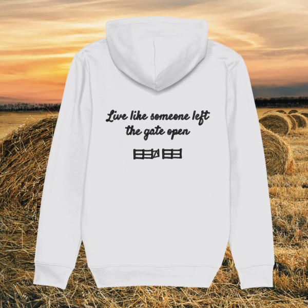 Back view of Mindful Earth Highland Cow Hoodie in White with “Live Like Someone Left the Gate Open” design – Eco-Friendly Organic Cotton Unisex Hoodie Made in the UK