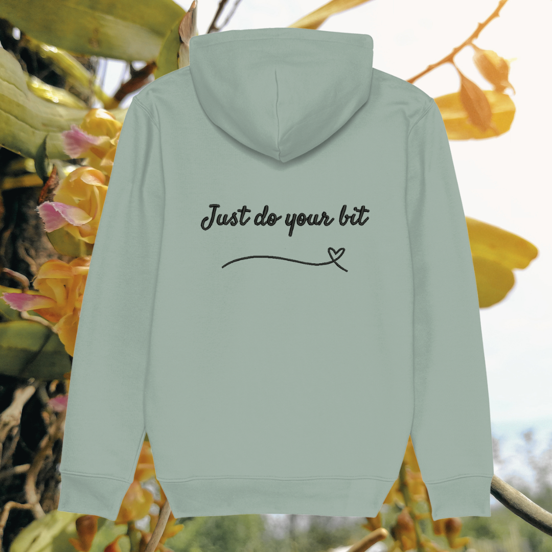 Back view of Mindful Earth Hummingbird Hoodie in Aloe Green with “Just Do Your Bit” design – Eco-Friendly Organic Cotton Unisex Hoodie Made in the UK