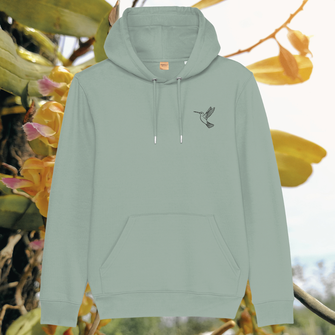 Mindful Earth Hummingbird Front Hoodie in Aloe Green – Just Do Your Bit Design – Sustainable Organic Cotton Unisex Hoodie Made in the UK