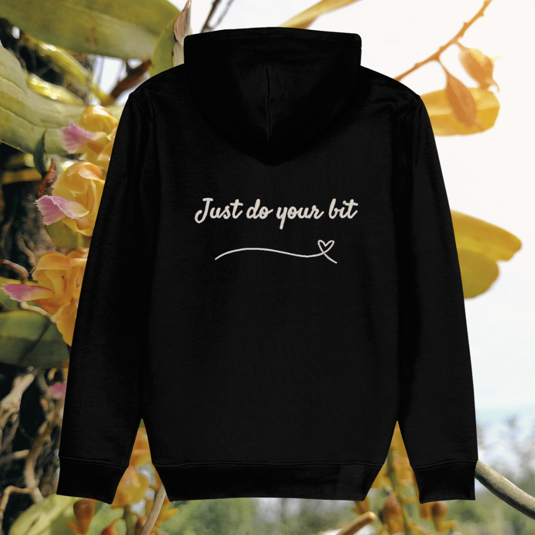 Back view of Mindful Earth Hummingbird Hoodie in Black with “Just Do Your Bit” design – Eco-Friendly Organic Cotton Unisex Hoodie Made in the UK
