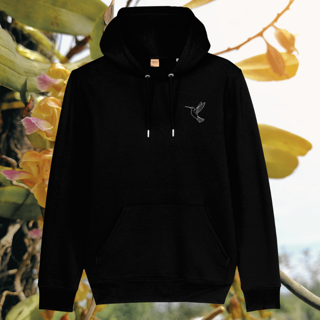 Mindful Earth Hummingbird Front Hoodie in Black – Just Do Your Bit Design – Sustainable Organic Cotton Unisex Hoodie Made in the UK
