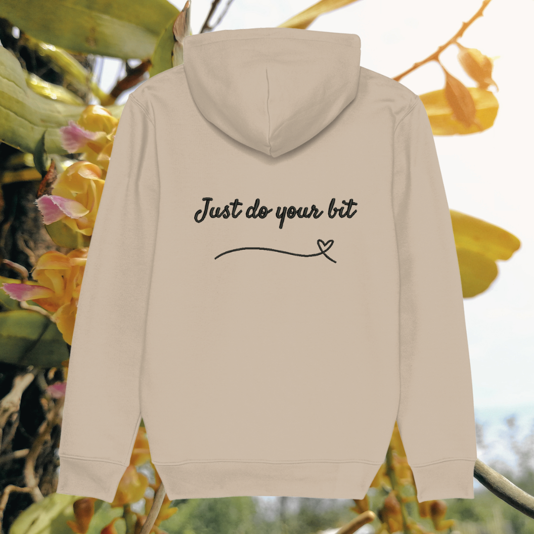 Back view of Mindful Earth Hummingbird Hoodie in Desert Dust with “Just Do Your Bit” design – Eco-Friendly Organic Cotton Unisex Hoodie Made in the UK