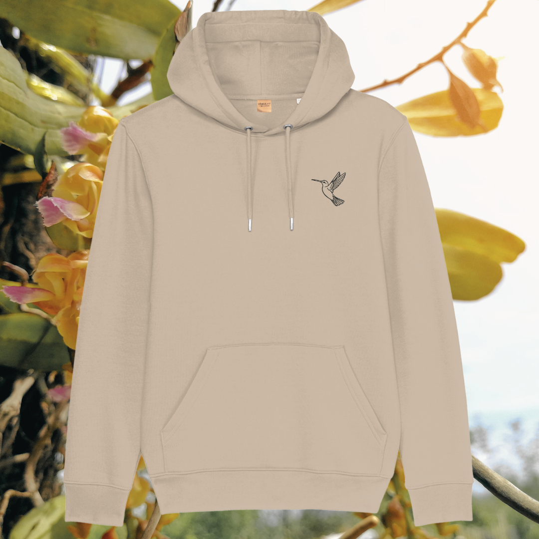 Mindful Earth Hummingbird Front Hoodie in Desert Dust – Just Do Your Bit Design – Sustainable Organic Cotton Unisex Hoodie Made in the UK
