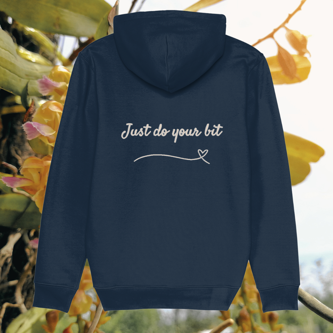 Back view of Mindful Earth Hummingbird Hoodie in French Navy with “Just Do Your Bit” design – Eco-Friendly Organic Cotton Unisex Hoodie Made in the UK
