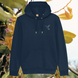 Mindful Earth Hummingbird Front Hoodie in French Navy – Just Do Your Bit Design – Sustainable Organic Cotton Unisex Hoodie Made in the UK