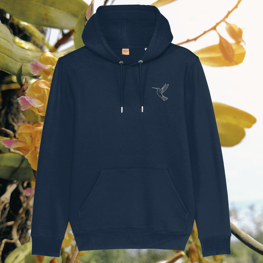 Mindful Earth Hummingbird Front Hoodie in French Navy – Just Do Your Bit Design – Sustainable Organic Cotton Unisex Hoodie Made in the UK
