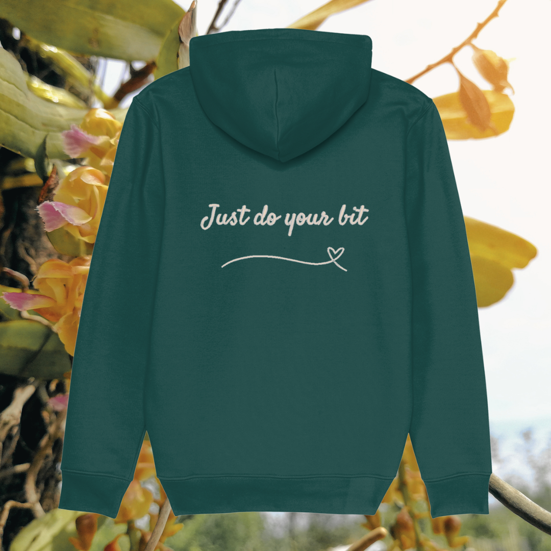 Back view of Mindful Earth Hummingbird Hoodie in Glazed Green with “Just Do Your Bit” design – Eco-Friendly Organic Cotton Unisex Hoodie Made in the UK