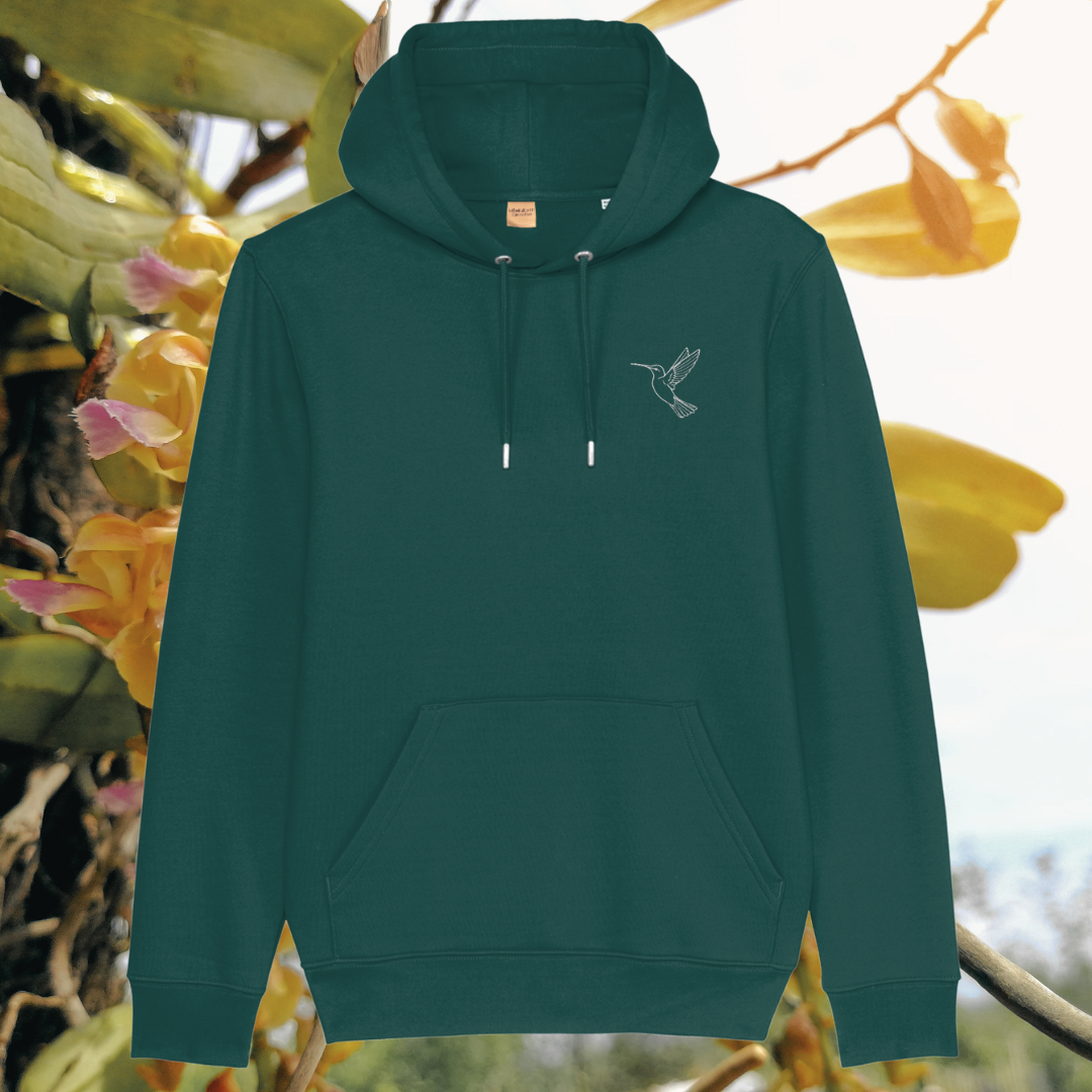 Mindful Earth Hummingbird Front Hoodie in Glazed Green – Just Do Your Bit Design – Sustainable Organic Cotton Unisex Hoodie Made in the UK