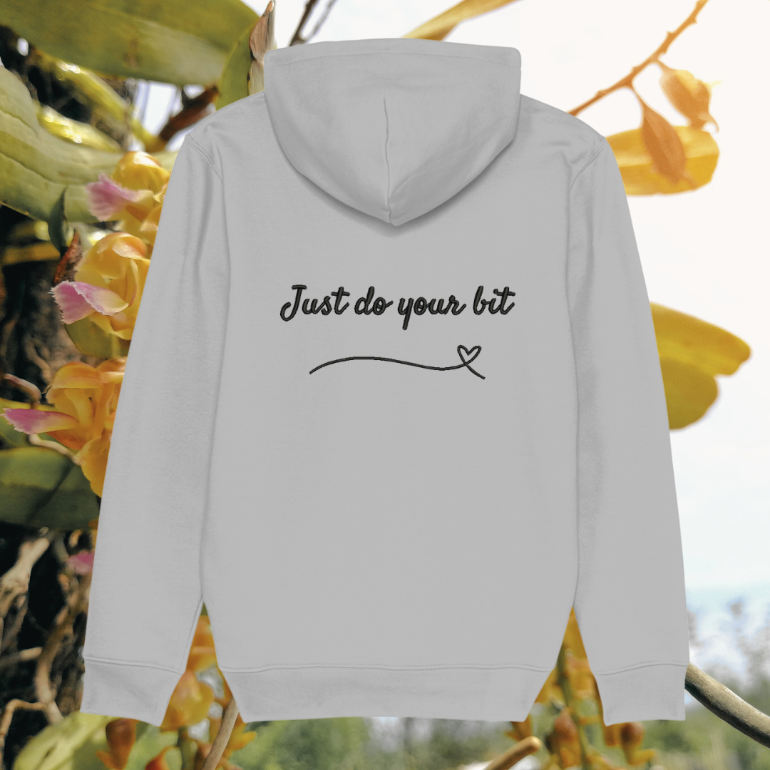 Back view of Mindful Earth Hummingbird Hoodie in Heather Grey with “Just Do Your Bit” design – Eco-Friendly Organic Cotton Unisex Hoodie Made in the UK