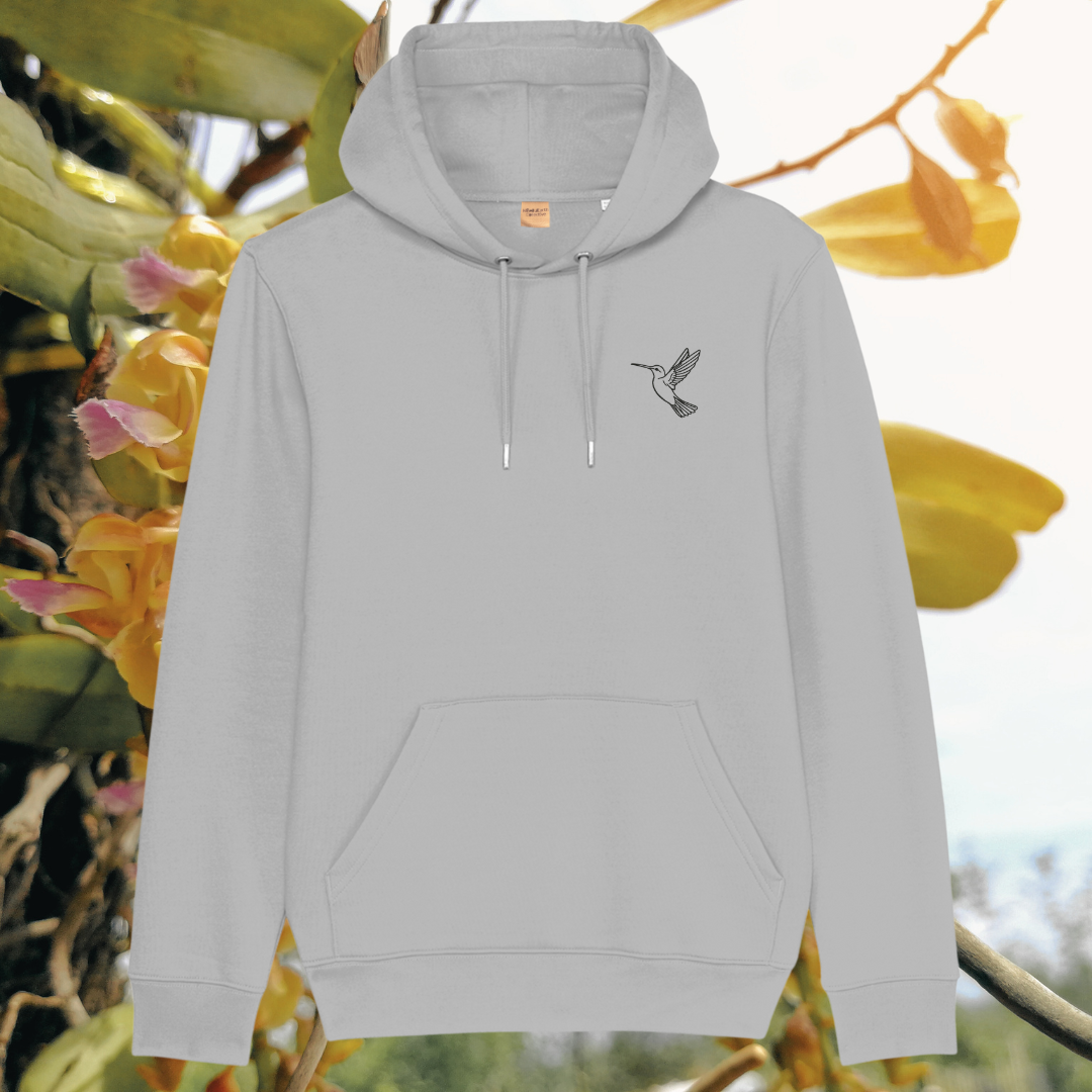 Mindful Earth Hummingbird Front Hoodie in Heather Grey – Just Do Your Bit Design – Sustainable Organic Cotton Unisex Hoodie Made in the UK