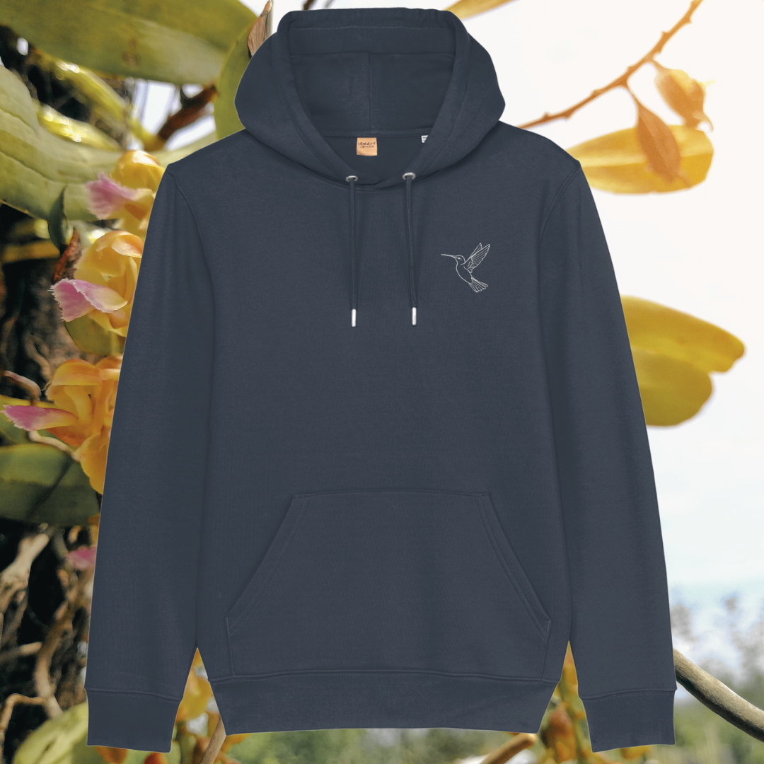 Mindful Earth Hummingbird Front Hoodie in India Ink Grey – Just Do Your Bit Design – Sustainable Organic Cotton Unisex Hoodie Made in the UK