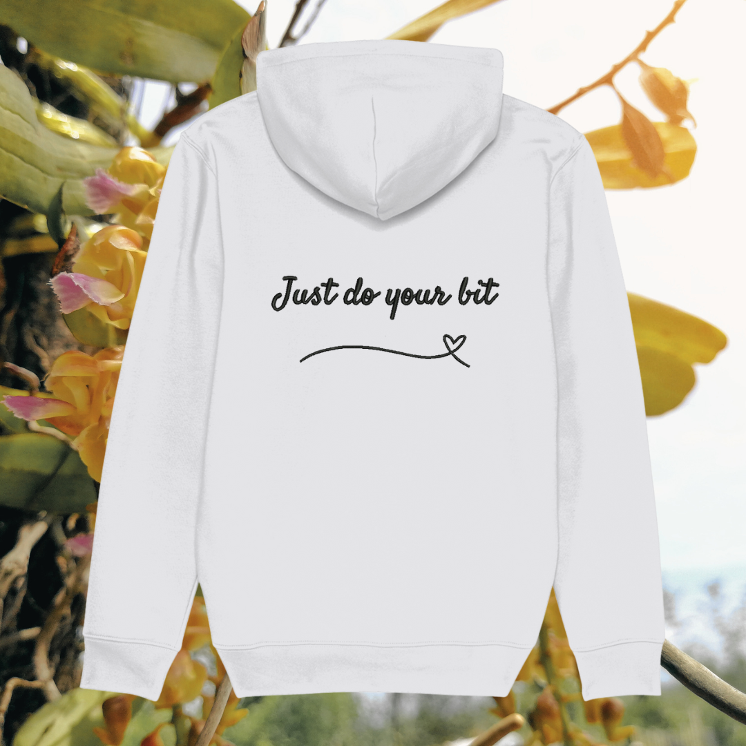 Back view of Mindful Earth Hummingbird Hoodie in White with “Just Do Your Bit” design – Eco-Friendly Organic Cotton Unisex Hoodie Made in the UK