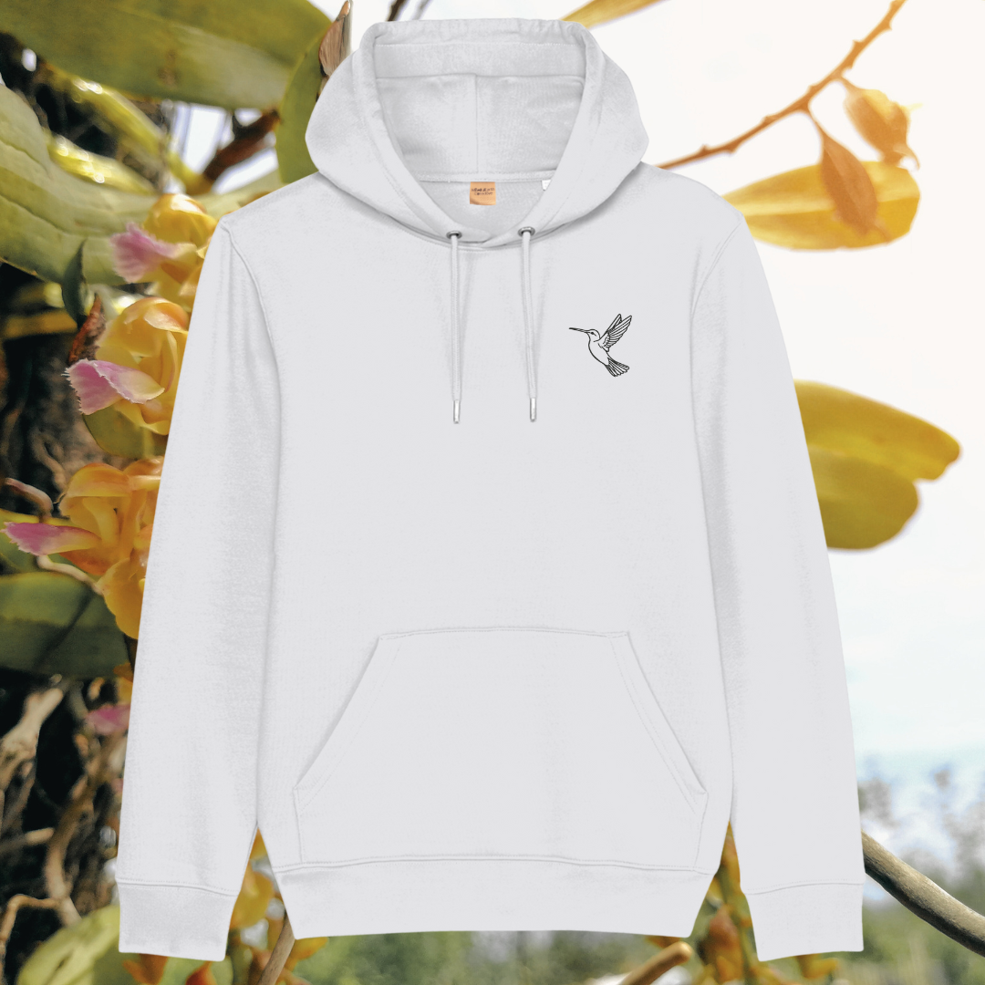 Mindful Earth Hummingbird Front Hoodie in White – Just Do Your Bit Design – Sustainable Organic Cotton Unisex Hoodie Made in the UK