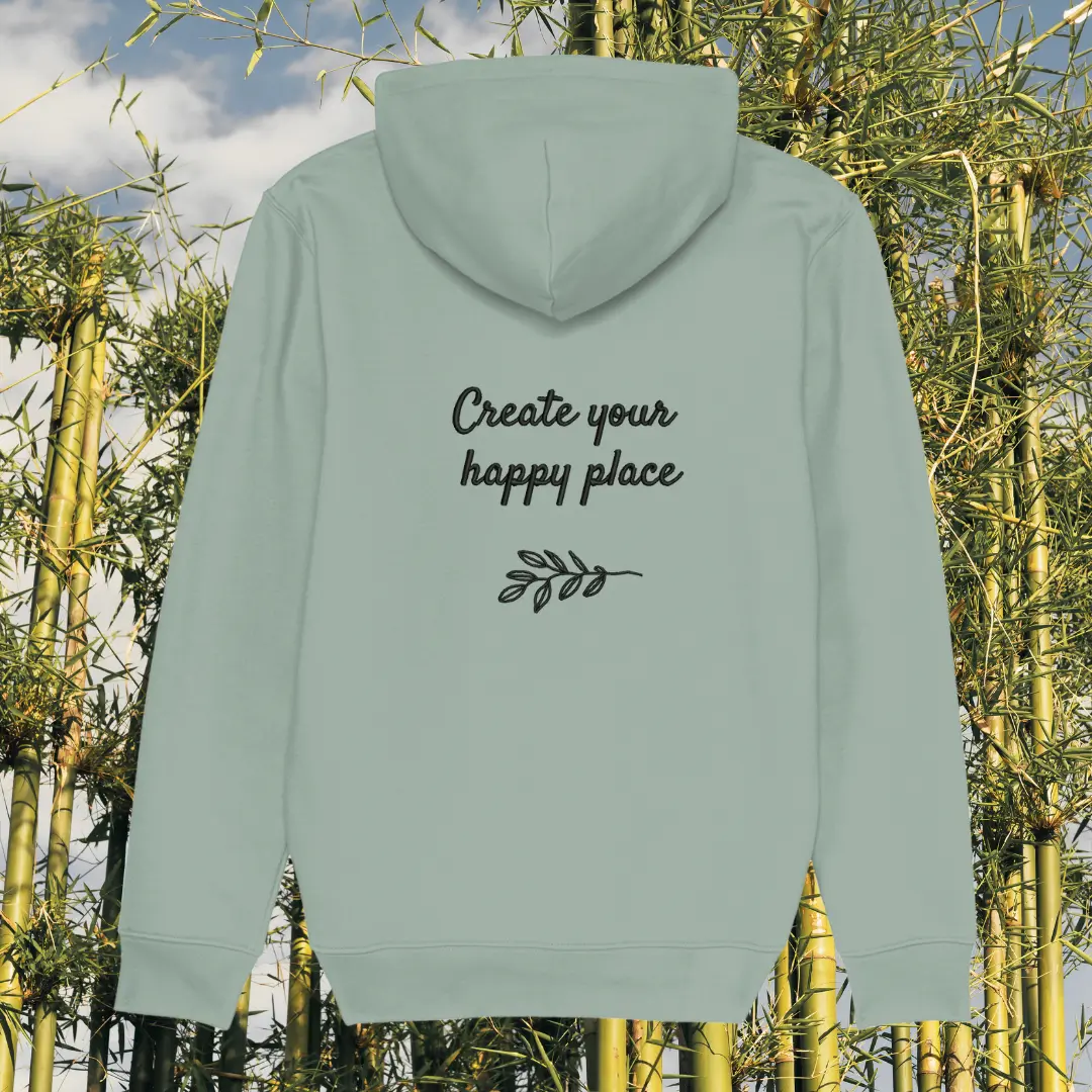 Back view of Mindful Earth Koala Hoodie in Aloe Green with “Create Your Happy Place” design – Eco-Friendly Organic Cotton Unisex Hoodie Made in the UK