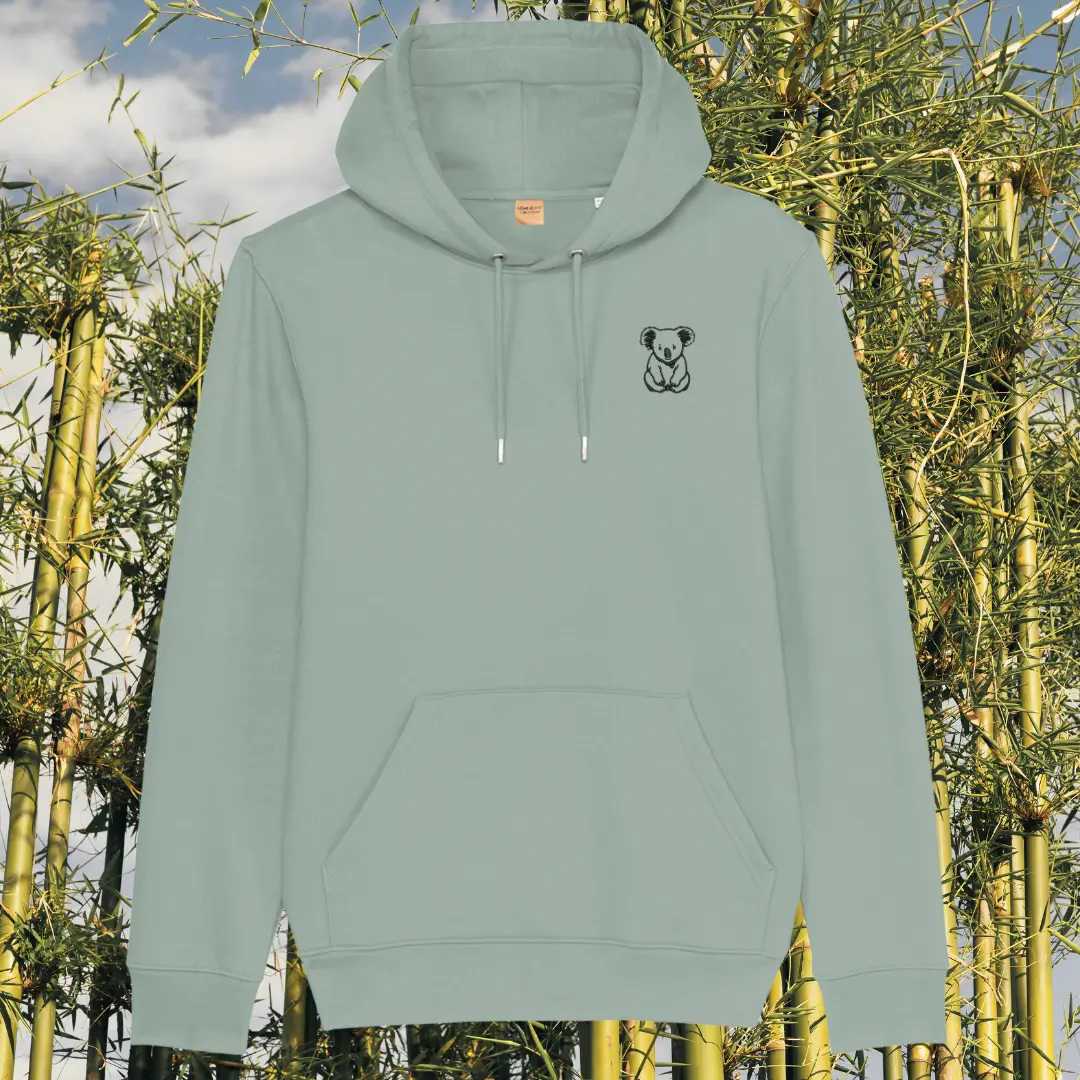 Mindful Earth Koala Front Hoodie in Aloe Green – Create Your Happy Place Design – Sustainable Organic Cotton Unisex Hoodie Made in the UK