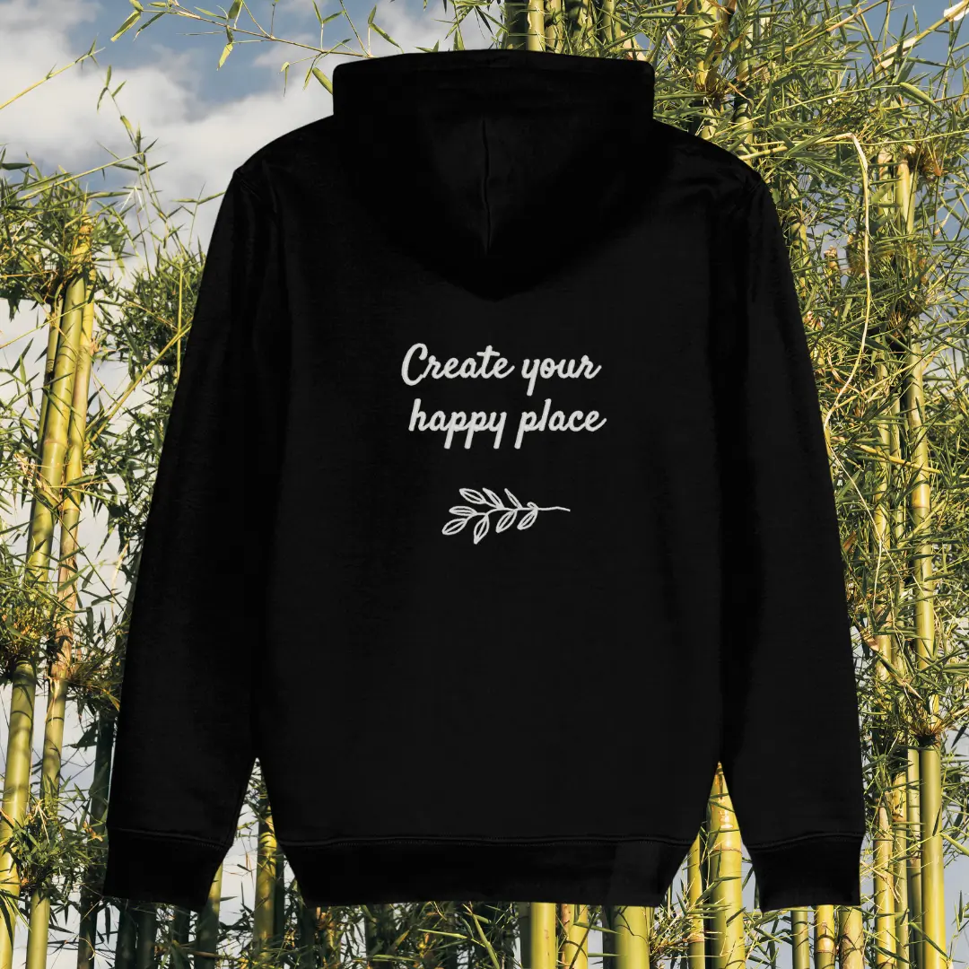 Back view of Mindful Earth Koala Hoodie in Black with “Create Your Happy Place” design – Eco-Friendly Organic Cotton Unisex Hoodie Made in the UK