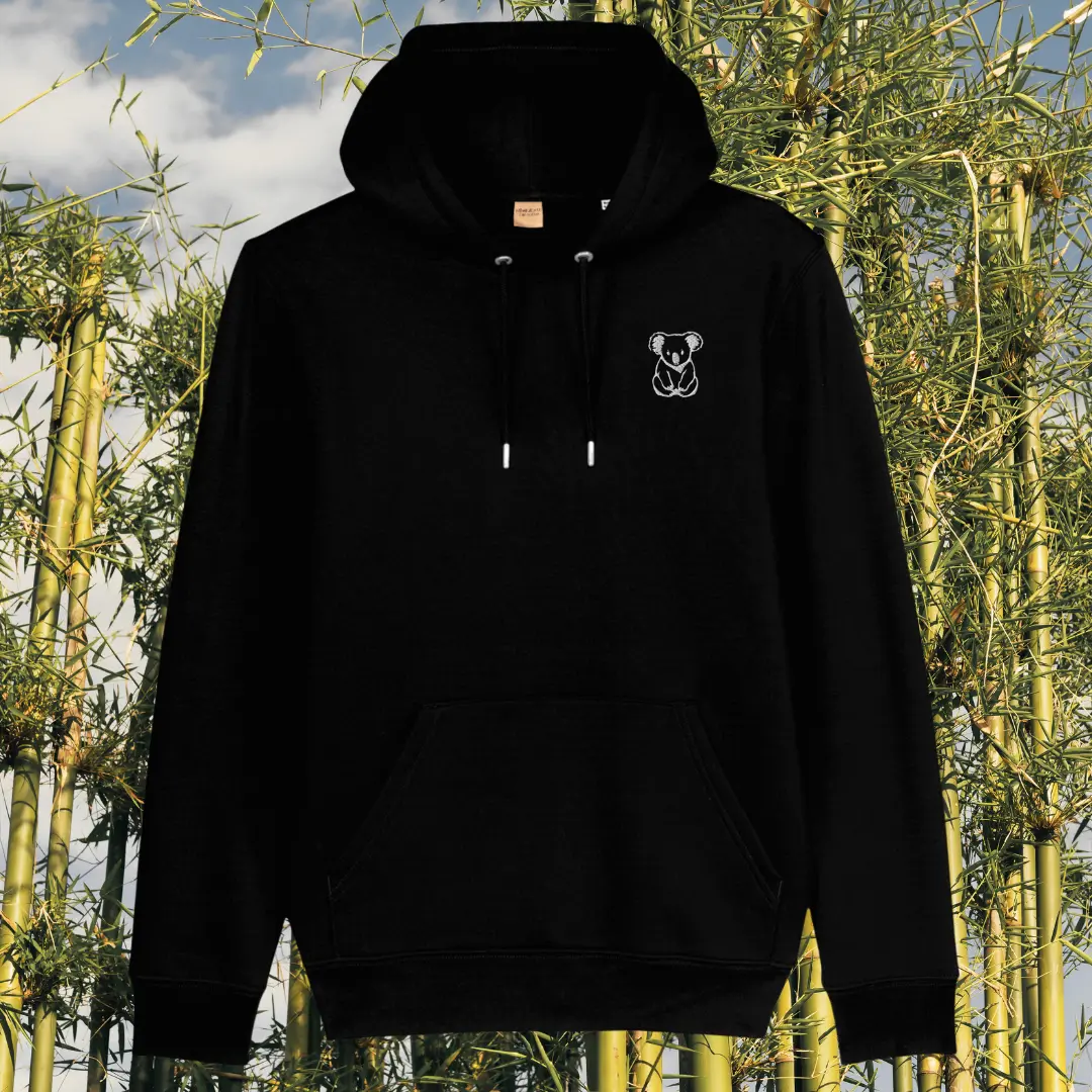 Mindful Earth Koala Front Hoodie in Black – Create Your Happy Place Design – Sustainable Organic Cotton Unisex Hoodie Made in the UK