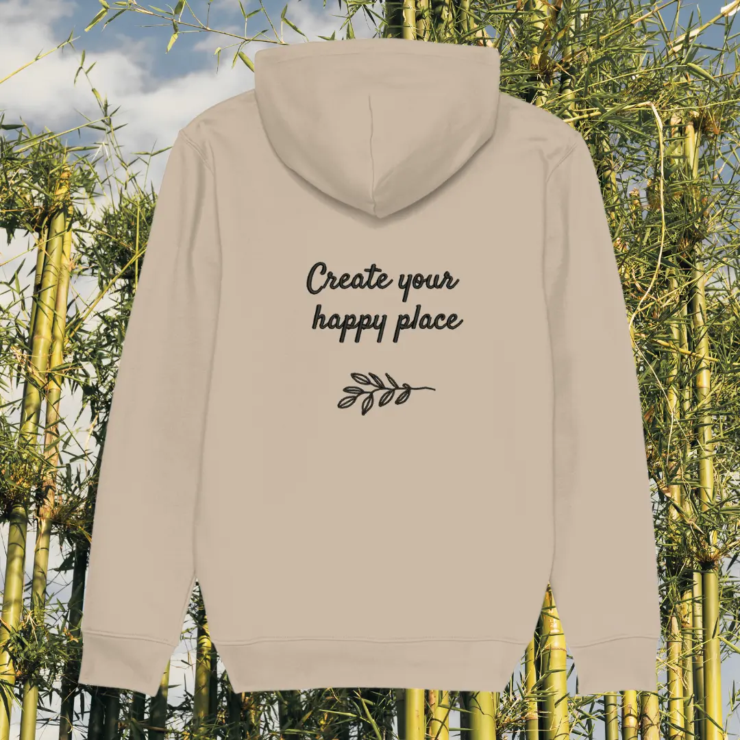 Back view of Mindful Earth Koala Hoodie in Desert Dust with “Create Your Happy Place” design – Eco-Friendly Organic Cotton Unisex Hoodie Made in the UK