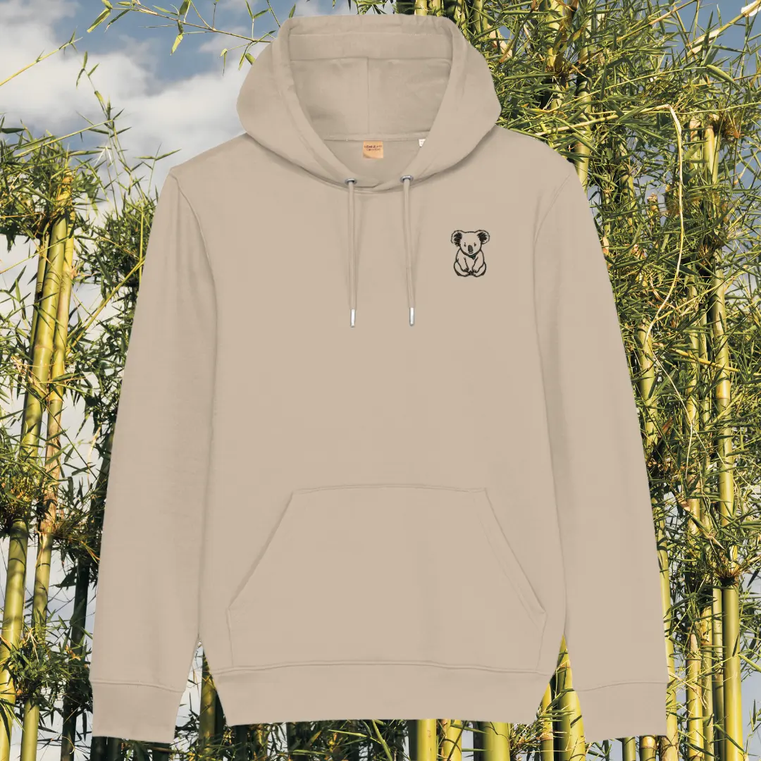 Mindful Earth Koala Front Hoodie in Desert Dust – Create Your Happy Place Design – Sustainable Organic Cotton Unisex Hoodie Made in the UK