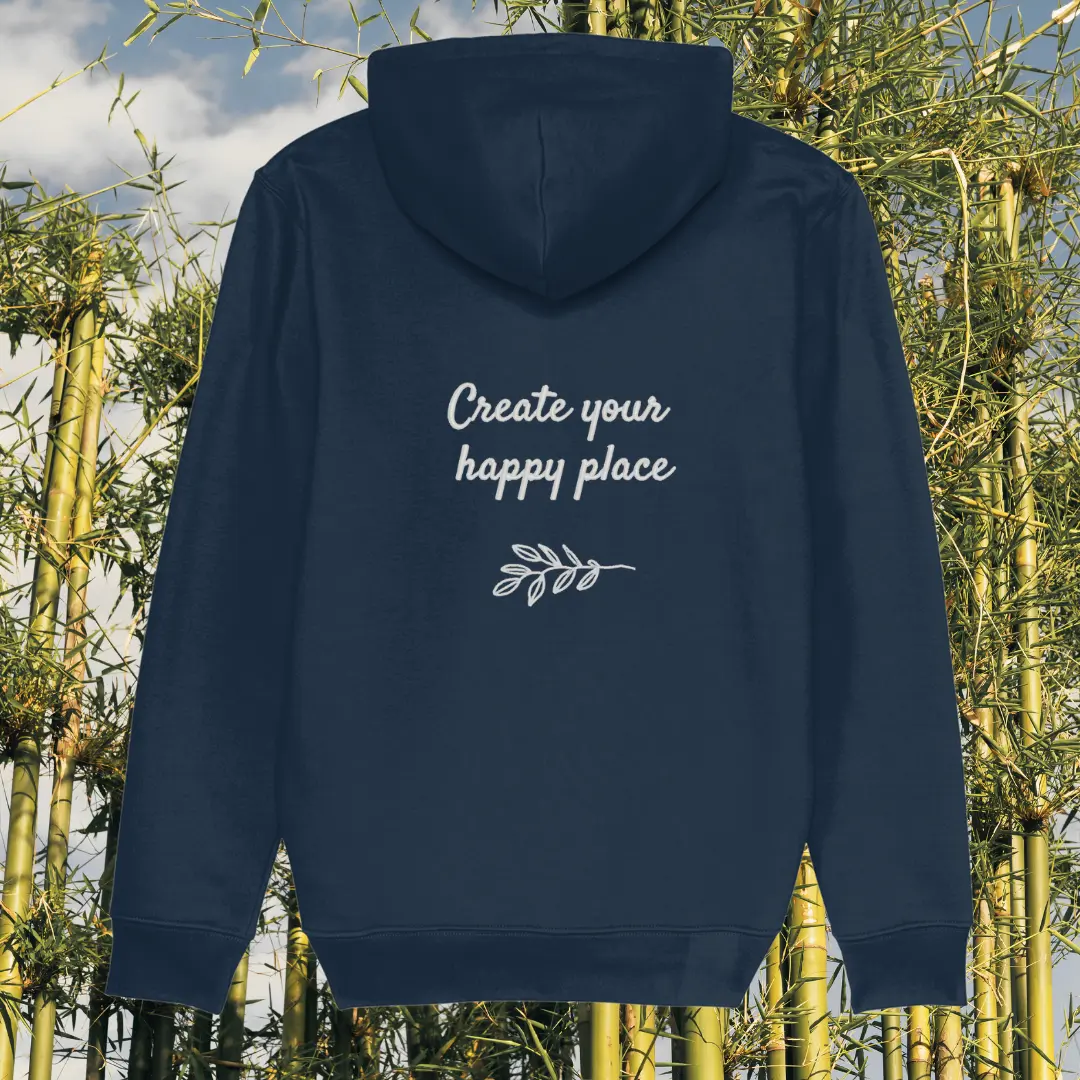 Back view of Mindful Earth Koala Hoodie in French Navy with “Create Your Happy Place” design – Eco-Friendly Organic Cotton Unisex Hoodie Made in the UK